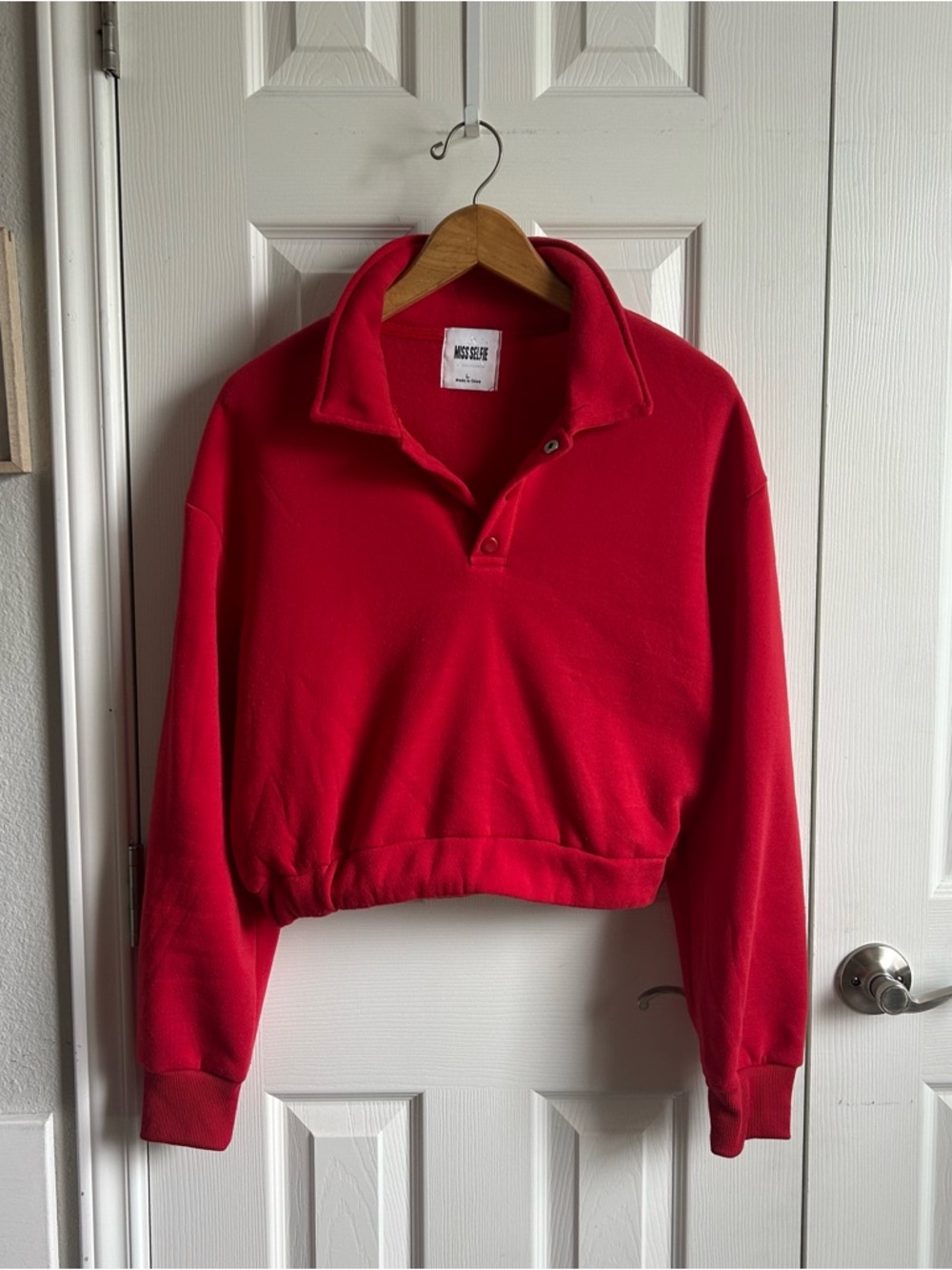 Miss Selfie red cropped collared quarter  button sweatshirt